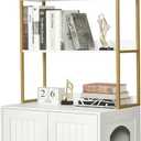Homhedy Cat Litter Box Enclosure, Litter Box Furniture Hidden with 2-Tier Storage Shelves, Wooden Cat Washroom Furniture with Metal Frame, Modern Style, White and Gold