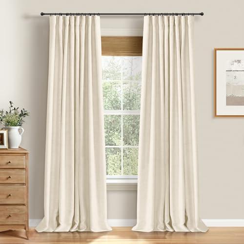 100% Blackout Shield Full Blackout Curtains for Bedroom 96 inch Length 2 Panels Set, Clip Rings/Rod Pocket Faux Linen Black Out Curtains for Living Room, Thermal Insulated, 50Wx96L, Cream