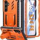FNTCASE for Samsung Galaxy S24 FE Case: with [Builtin Screen Protector & Kickstand] [MilitaryGrade Drop Protection] Heavy Duty Protective Full Body Shockproof TPU Phone Cover Orange