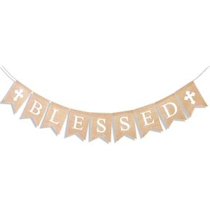 Uniwish Blessed Burlap Banner Easter Baptism Decorations Garland for Home Fireplace Dcor Vintage Rustic Hanging Sign Party Supplies