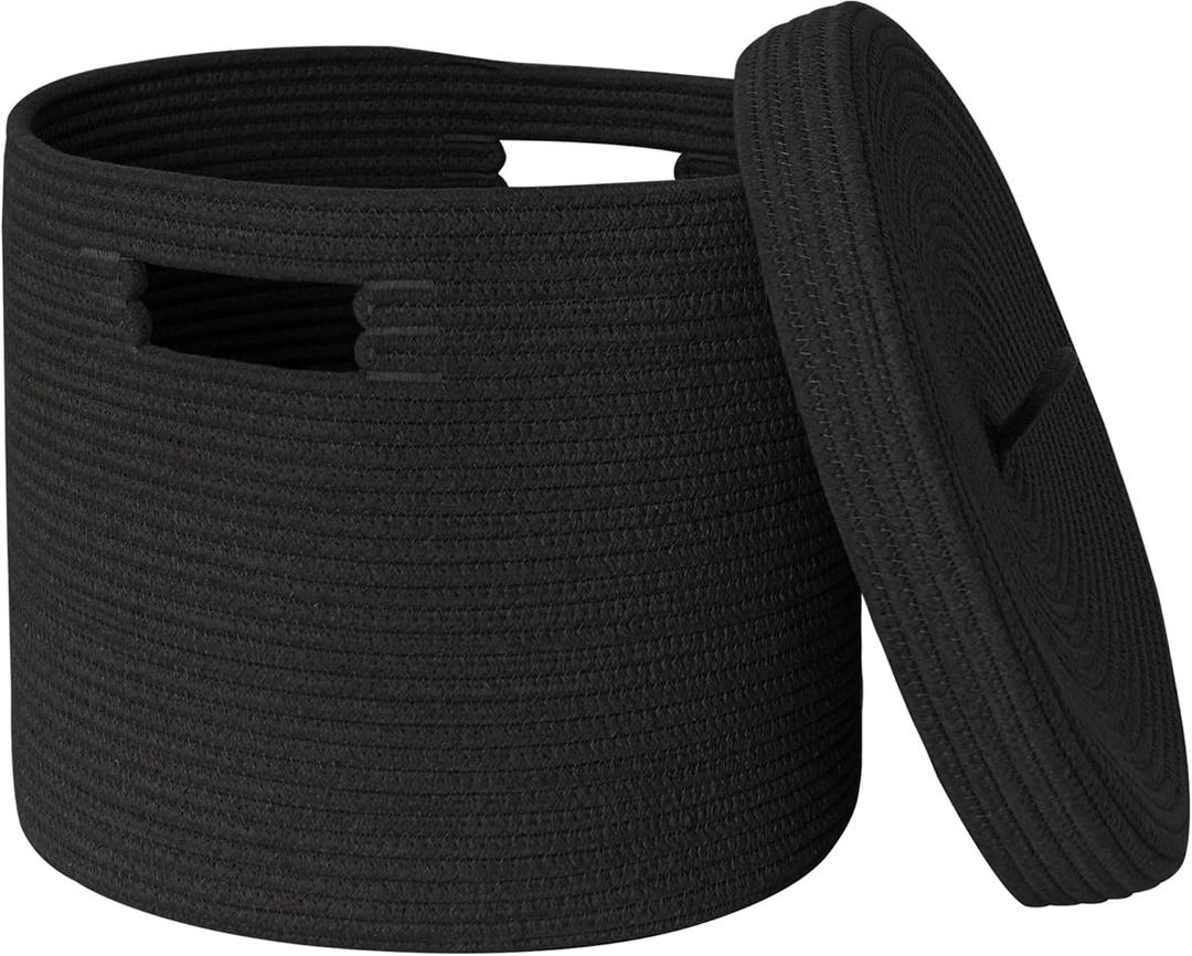 Storage Basket with Lid, 15 x 13 Lidded Blanket Basket Living Room, Black Woven Baskets for Storage, Nursery Kids Cotton Rope Toy Bin Box with Cover, Wicker Laundry Basket Pillow Holder