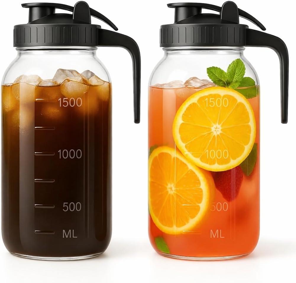 Mason Jar Pitcher Set of 2-64oz (2 Quart) Airtight & Leakproof Glass Pitcher with Lid, Perfect for Storing Breastmilk, Cold Brew, Sun Tea, with Easy-Pour Spout Lid (2 Pack - Black & Black)