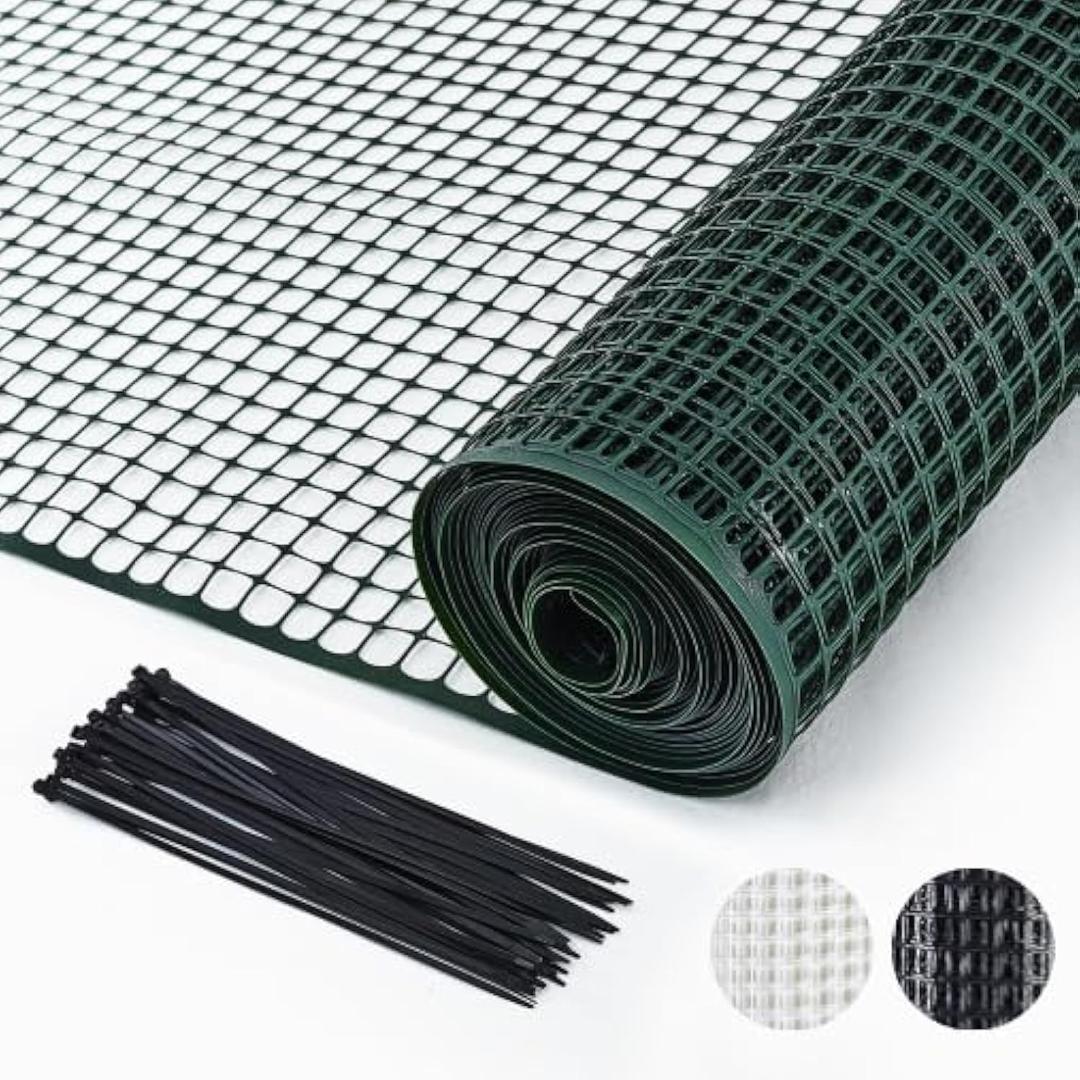 PotatoLife Plastic Hardware Mesh Netting, Garden Netting, Temporary Fence, Tree Guards, Safety Net for Balcony, Deck, Stair Railing, Animal Barrier, Poultry, Deer, with 50 Zip Ties, 40'' x 25', Green