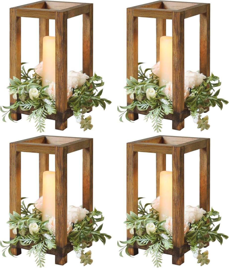 4 Pcs Wooden Lanterns Wedding Centerpiece for Tables, Farmhouse Candle Lantern, Perfect Centerpiece Table Decorations, Candle Holder Decorative for Wedding Party, Table Valentine Decor