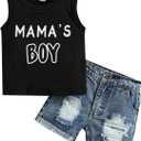 Toddler Baby Boys Summer Outfit Set Sleeveless Vest Mama's Boy Embroidery Clothes Tank Tops with Ripped Denim Shorts