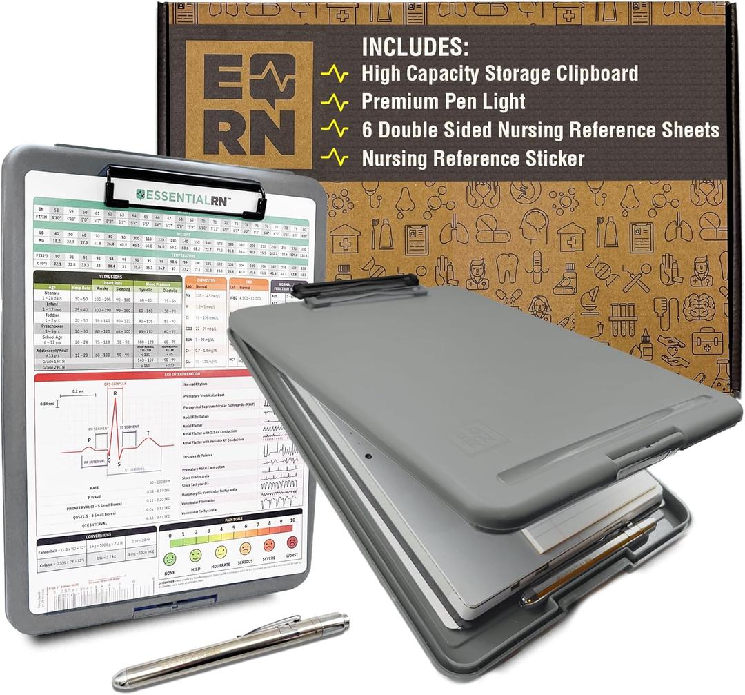 Heavy Duty Nursing Clipboard with Storage Compartment, Penlight & Clinical Cheat Sheets  Nurse Clipboard Binder with Pen Holder - Perfect Nursing Accessories for Nursing Students (1 Set, Gray)