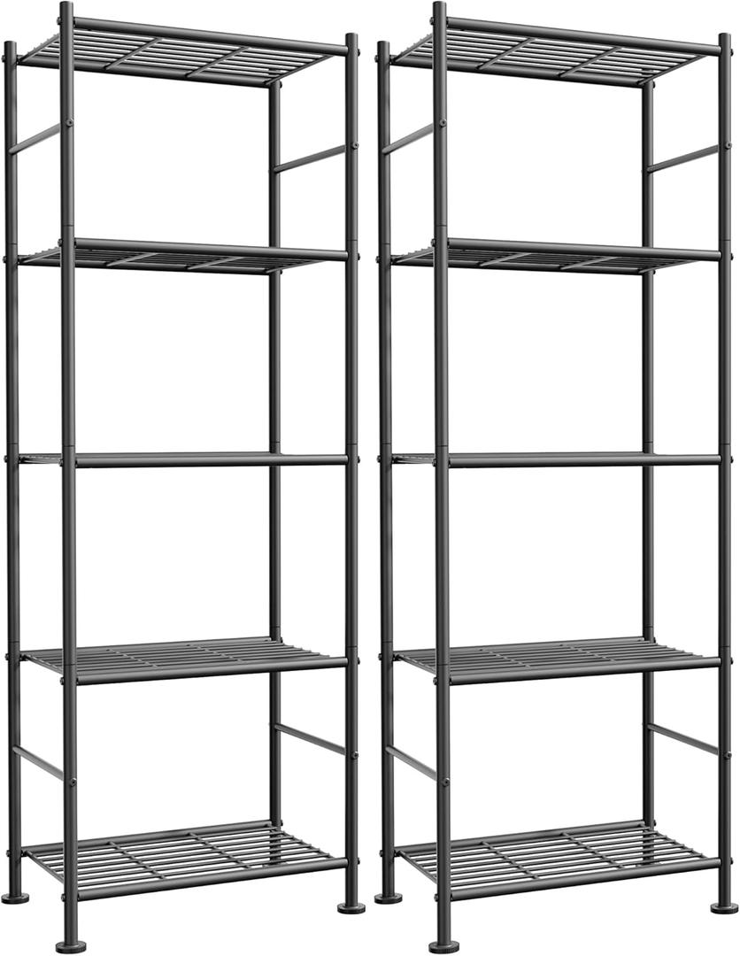 Storage Shelves - Set of 2, 5-Tier Metal Shelf Organizer, Space-Saving Garage Shelving with Leveling Feet, Standing Shelves Organizer for Kitchen, Laundry, Pantry (18.1"x12.3"x56.8", Black)