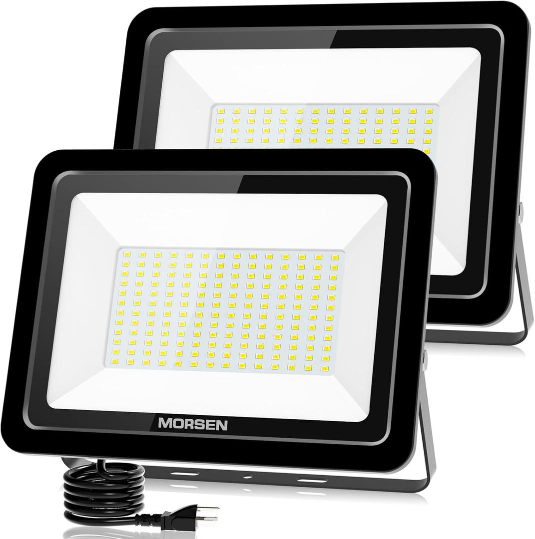 MORSEN 200W Flood Light Outdoor Plug in - 20000LM 5000K LED Flood Light, IP66 Waterproof, UL Listed Daylight Security Lights for Garden, Yard, Garage, Stadium, 2 Pack