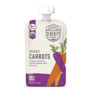 Serenity Kids 6+ Months Carrot Puree Organic Baby Food Pouches - No Added Sugar & Allergen-Free Toddler Food - BPA-Free Baby Snacks - 3.5 Oz, 6 Pack, Best by 25OCT24