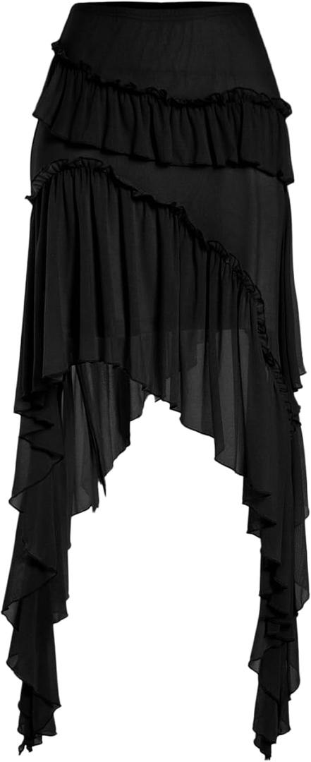 Verdusa Women's Flowy Asymmetrical Skirt Boho Ruffle Drop Waist Mini Skirt Country Concert Outfits (Black, XS)