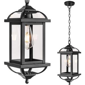Large Outdoor Pendant Light Fixture Ceiling 16 Inch, Anti-Rust Aluminum Outdoor Chandelier for Porch with IP65 Waterproof Clear Glass Exterior Ceiling Mount Hanging Light, Matte Black
