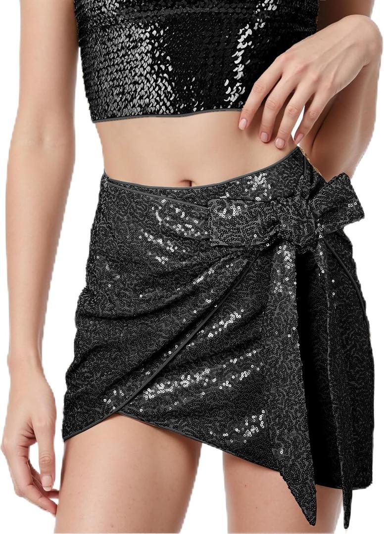 Womens Mini Wrap Skirt | Sparkling Sequin Bow Knot Boho High Waisted Skirts Skort Dress for Party Concert Trendy (XL)