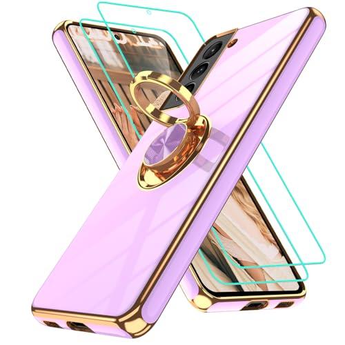 Gritup for Samsung Galaxy S21 Plus Case: with 2Pcs Screen Protector, 360° Rotation Ring Holder Magnetic Kickstand Plating Gold Edge Soft TPU Shockproof Protective Cover for S21 Plus, Light Purple
