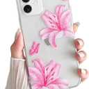 Skyseaco for iPhone 11 Case, Clear Cute Butterfly Lily Floral Flower Phone Case for Women Girls, Clear Slim Camera Lens Shockproof Protection Phone Cover, HotPink