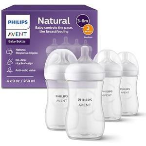 Philips Avent Natural Baby Bottles with Natural Response Nipples (Medium Flow, Flow 3), 9oz, 4-Pack, SCY903/04, Clear