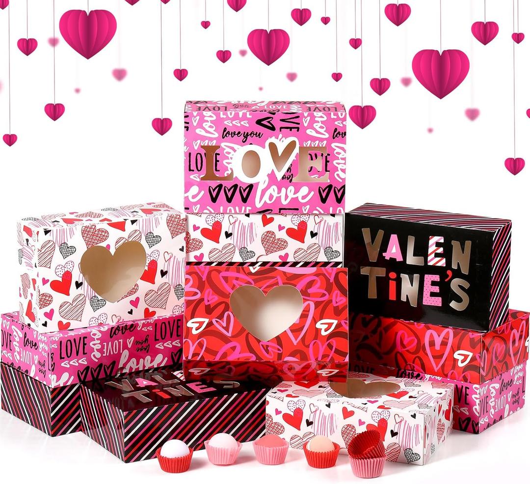 Funnymoom 28 Pcs Valentines Cookie Gift Boxes with Window and 400 Pcs Cupcake Liners Set 8.7 x 5.5 x 2.8 Inch Valentines Day Bakery Cookie Boxes Mini Baking Cups for Sweet Day Party Favors Supplies