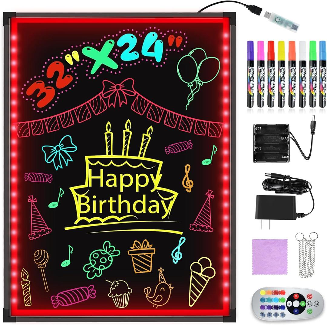 Hosim LED Message Writing Board 32"x24" Illuminated Erasable Neon Effect Restaurant Menu Sign with 8 colors Markers, 7 Colors Flashing Mode DIY Message Chalkboard for Kitchen Wedding Promotions (6080)