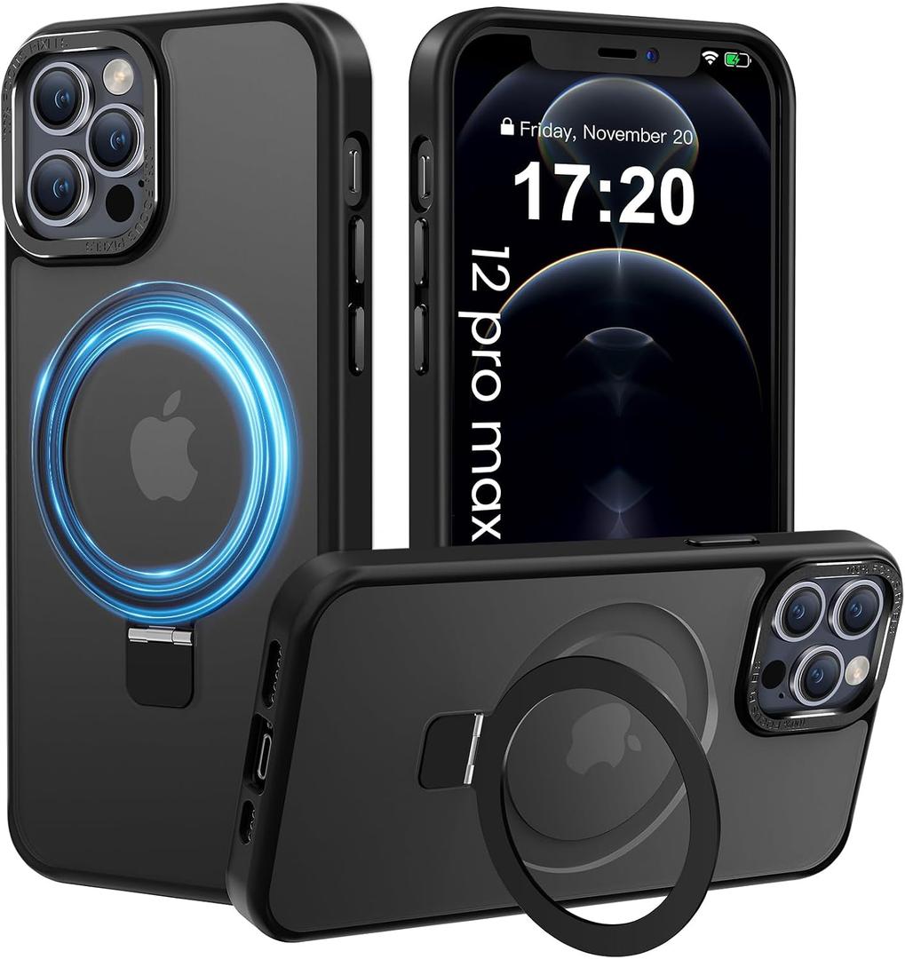 Compatible with iPhone 12 pro max Case with Magnetic Ring Stand, Military Drop Protection, Anti-Scratch/Anti-Fingerprint Translucent Matte Phone Case for iPhone 12 pro max (Black)