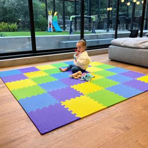MioTetto Foam Floor Tiles for Kids - Non-Toxic Comfortable Baby Play Mat and Interlocking Foam Tiles, Fits with 74x74 Playpen Mat for Crawling & Development, Soft Play Mat for Babies 6-12 Months (Purple-canary-emerald-indigo)
