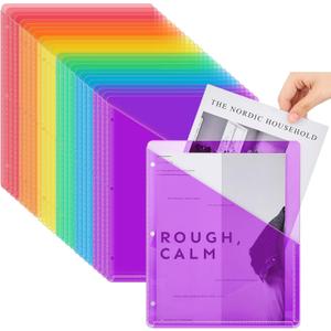 Seajan 24 Pcs Pocket Folders for 3 Ring Binder Clear Plastic Folders Sleeves with 2 Pockets 3 Hole Punch Binder Dividers Poly Slash File Jackets for Office School Document Organizer (Multicolor)