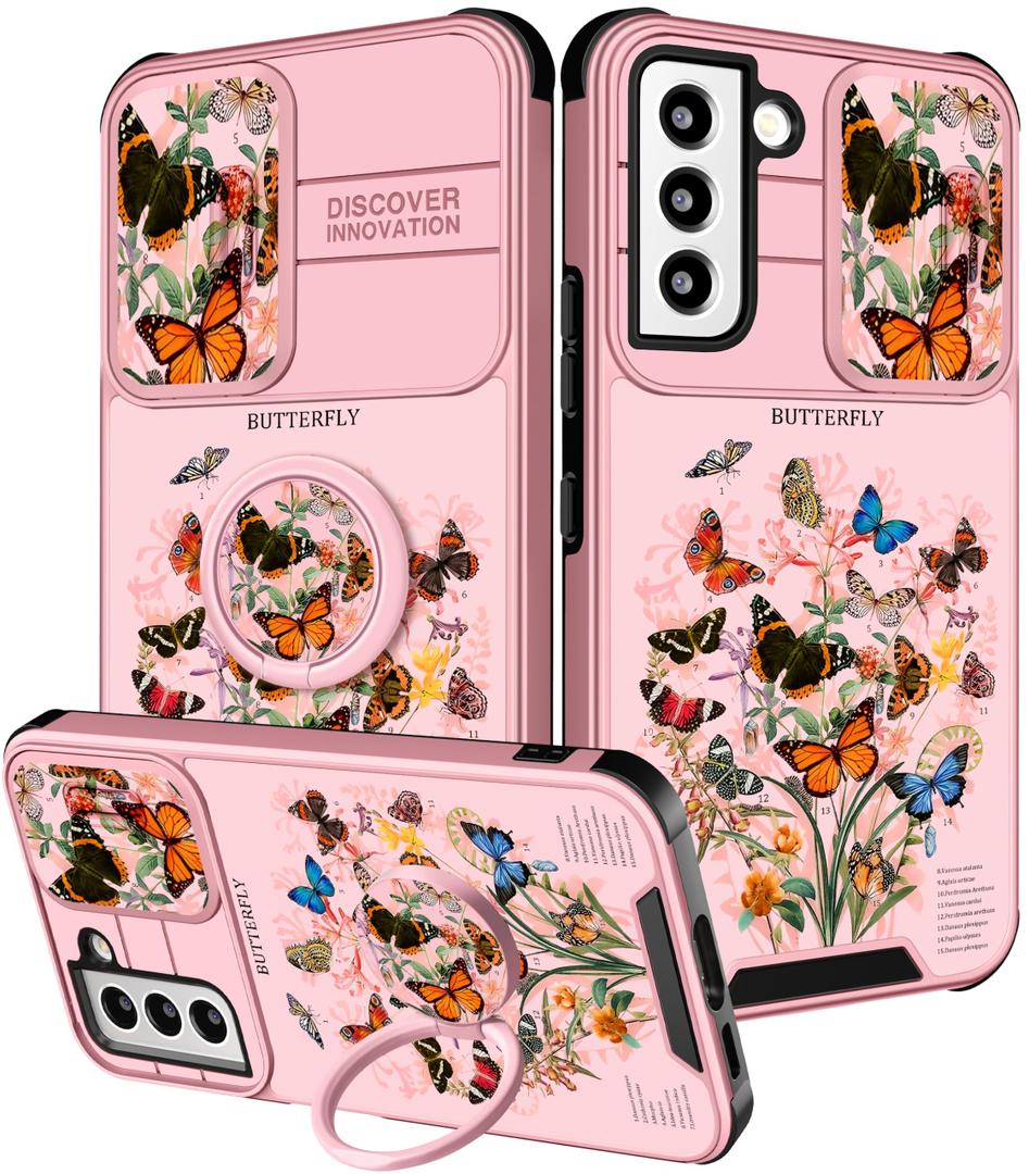 Funermei for Samsung Galaxy S22 Case - Women Girls Cute Cover Butterfly Girly Pretty Aesthetic Fashion Design with Camera Cover Ring Stand Teens Funda for Galaxy S22 Phone Cases