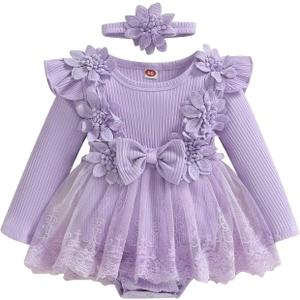 Baby Girl Tulle Birthday Party Princess Dress Long Sleeve Lace Flower Tutu Romper Dress Newborn Fall Clothes (12-18 Months, Purple)