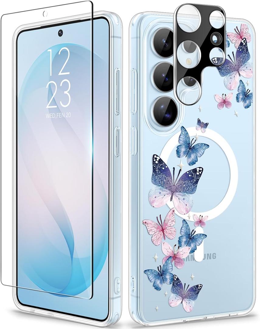GVIEWIN for Samsung Galaxy S26 Ultra Case Compatible with MagSafe, Clear Floral Shockproof Protective Women Phone Case, Non-Yellowing,Screen&Camera Lens Protector for S26 Ultra 6.9",Colorful Butterfly