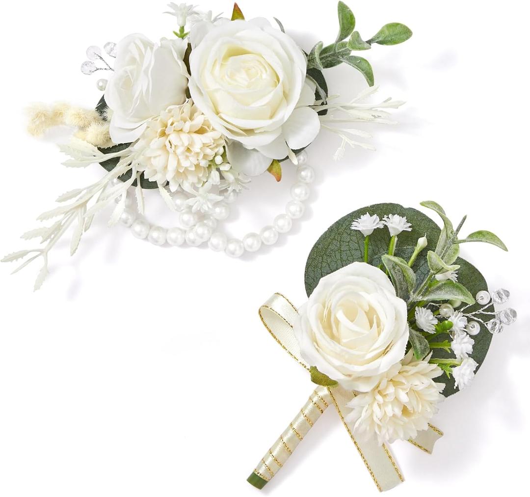 Serwalin White Rose Corsage and Boutonniere Set, Boutonniere for Men and Wrist Corsage Wristlet Prom Homecoming Wedding Flowers Accessories Party Suit Decorations