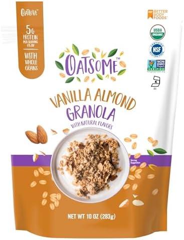 Oatsome Vanilla Almond Granola, Gluten Free, Non-GMO, 5g Protein, Made with Whole Grain Organic Oats, Honey, Almonds, & Vanilla, for Protein Snacks Cereals Breakfast Yogurt, 10 Oz Bag BBD 06/05/26