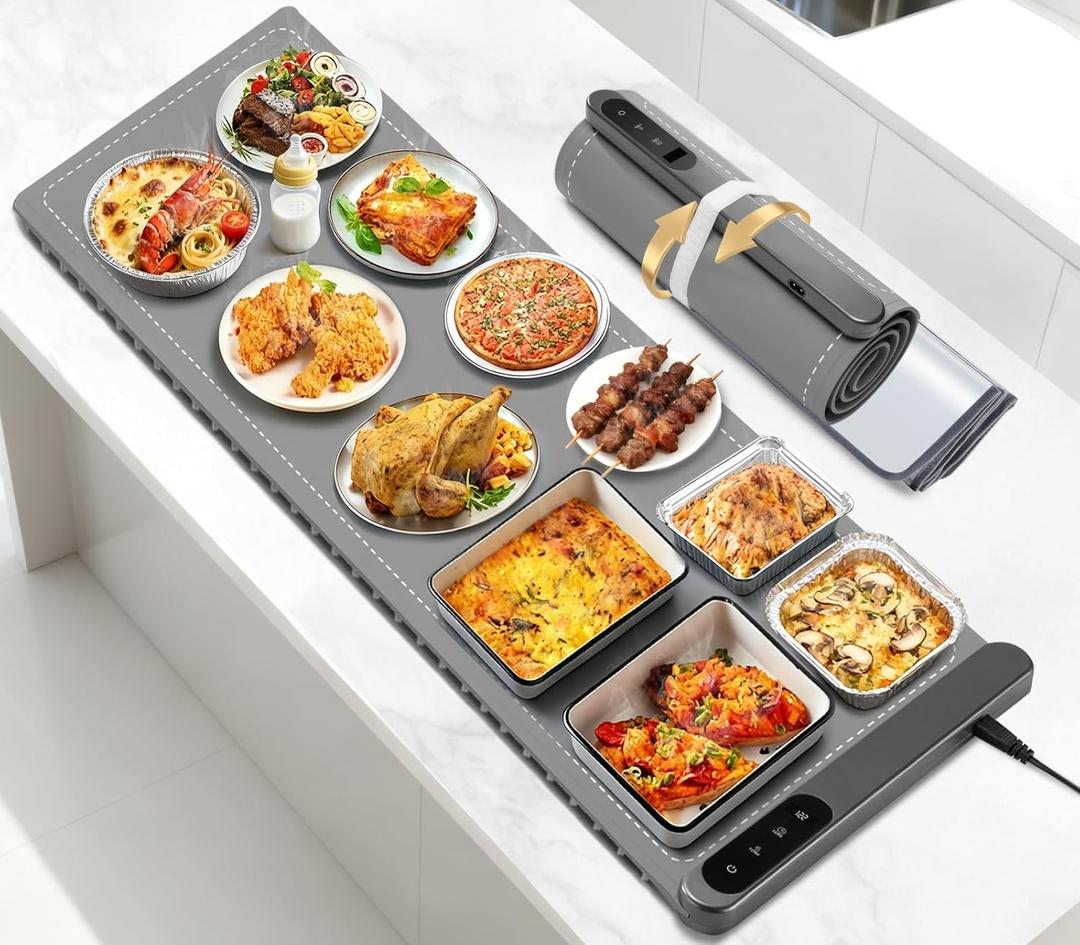 Food Warming Mat Large, XXL (42"x15") Electric Food Warmers Mat with Heat Resistant Pad for Countertop, Heat 6 Level Temperature & 6 Hours Timer, Foldable Heating Trays for Buffets Party, Gray
