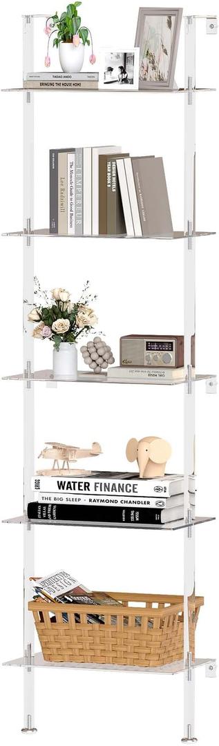 ybaymy Acrylic Ladder Bookshelf, 5Tier Wall Mounted Book Shelf, 70.5" H x 15.5" W x 13.4" D Clear Organizer, Multipurpose Bookcase Display Shelf for Small Spaces, Library, Living Room