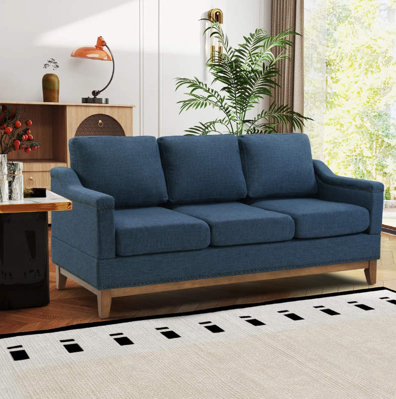 Idrissi 70" W Classic 3-Seater Sofa With Nailhead Trim & Square Arm, Blue