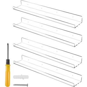 Jansburg 24 Inch Clear Floating Shelves 4 Pack Acrylic Shelves Invisible Floating Wall Ledge Bookshelf 5MM Thick Book Display Shelves Wall Mounted Bathroom Kitchen Organizer