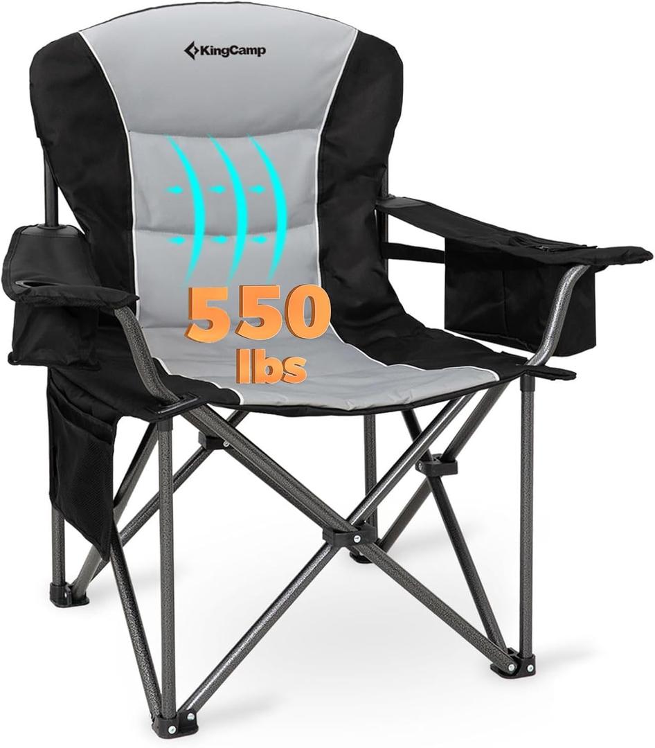 KingCamp Oversized Camping Chair with Adjustable Lumbar Support, 550lbs Heavy Duty Padded Folding Lawn Chair for Adults, Outdoor Armchair with Cooler Bag, Cup Holder & Side Pocket for Fishing, Travel