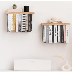 SnugLife Floating Book Shelves for Wall Mounted Set of 2 - Upside Down Space Saving Unique Wall Bookshelf, Rustic Wood Floating Bookshelves, Hanging Bookshelf for Bedroom, Living Room Decor & Storage (16.5"W x 6.7"L)