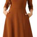 Allegra K Women's 3/ 4 Sleeve Dresses V Neck Pockets Elegant A-Line Midi Dress Work Business Spring Outfits X-Large Caramel