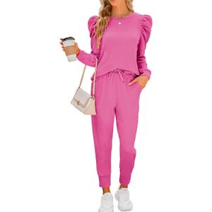 Onedreamer Sweatsuits for Women 2 Piece Outfits Puff Long Sleeve Crewneck Pullover Sweatshirt Jogger Lounge Sets (Medium, Rose Red)