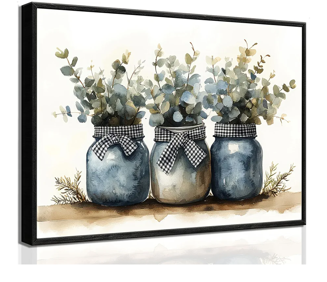 Black Frame Plants Canvas Wall Art Rustic Minimalist Mason Jars Black And White Plaid Bow Eucalyptus leaves Farmhouse Vintage Botanical Pictures Wall Decor Poster Print Artwor For Dining Room kitchen