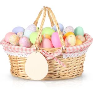 Leinuosen Easter Basket Wicker Picnic Basket with Wooden Egg Cutout Woven Candy Storage Gift Wine Baskets with Handle for Easter Egg Gathering Outdoor Camping Wedding Birthday Party Supplies(Pink)