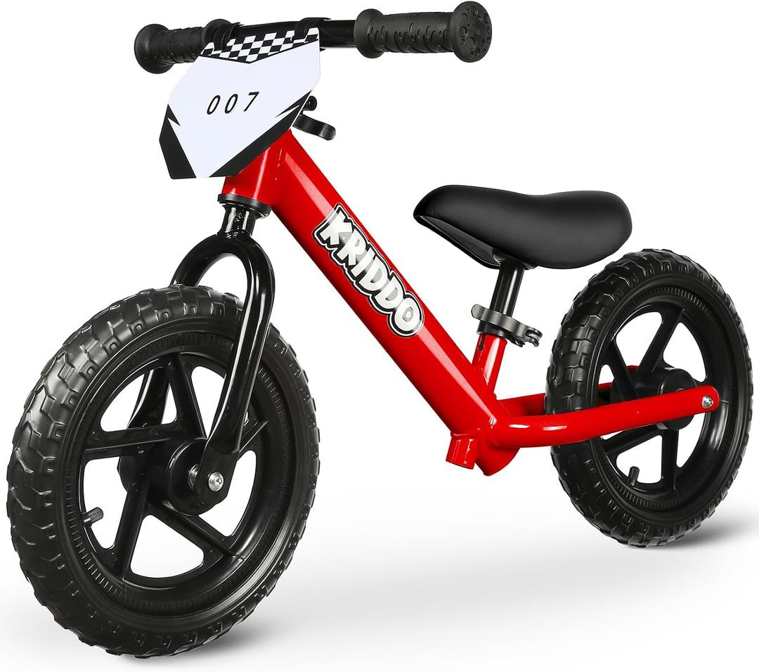 KRIDDO Toddler Balance Bike 2 Year Old, Age  12 Inch Push Bicycle with Customize Plate (3 Sets of Stickers Included), Steady Balancing, Gift Bike for 2-3 Boys Girls, Red