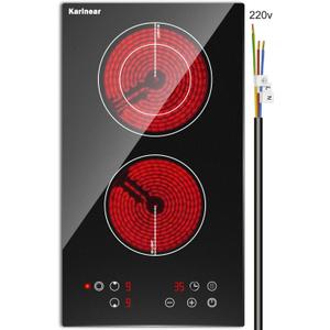 Karinear 2 Burner Electric Cooktop 12 Inch, Drop-in Radiant Cooktop 220v - 240v with Child Safety Lock, Timer, Residual Heat Indicator, 3200W, Hard Wired, No Plug Electric Stove Top