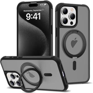 for iPhone 15 Pro Case 6.1 Inches 360Rotatable Magnetic Ring Invisible Stand,[Compatible with Mag-Safe] Military Shockproof Frosted Translucent Case,Black