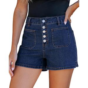 luvamia Jean Shorts Womens High Waisted Trendy Button Fly Patch Pocket Side Split Casual Summer Stretchy Denim Shorts (Blue)