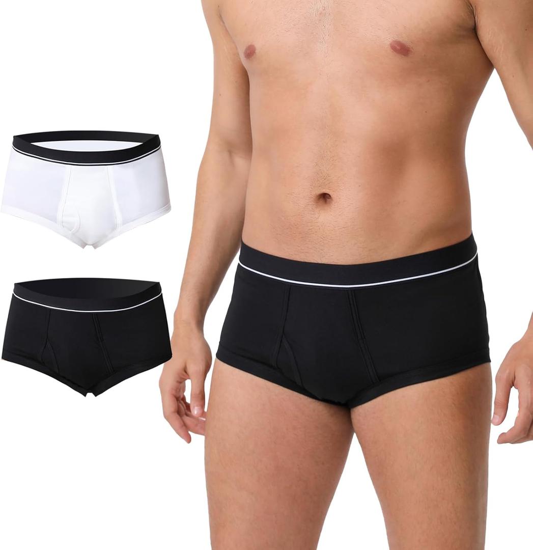 Washable Incontinence Underwear for Men - Cotton Leakproof Briefs with Fly, Front & Rear Urinary Leak Proof Panties, 150ml Absorbency (2 Pack, Black + White, 3XL) (XXX-Large)
