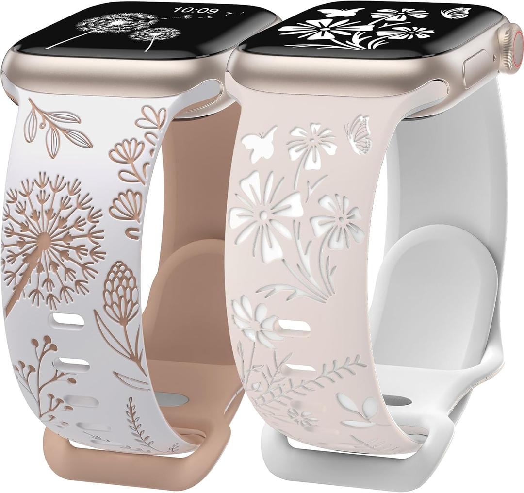 Wearlizer Pack of 2 Floral Engraved Band Compatible with Apple Watch Bands 41mm 40mm 38mm 49mm 45mm 44mm 42mm Women, Cute Two-Tone Soft Silicone Sport Strap for iWatch 10 9 8 7 6 5 4 3 2 1 SE Ultra 2 (White/Nude + Starlight/White)