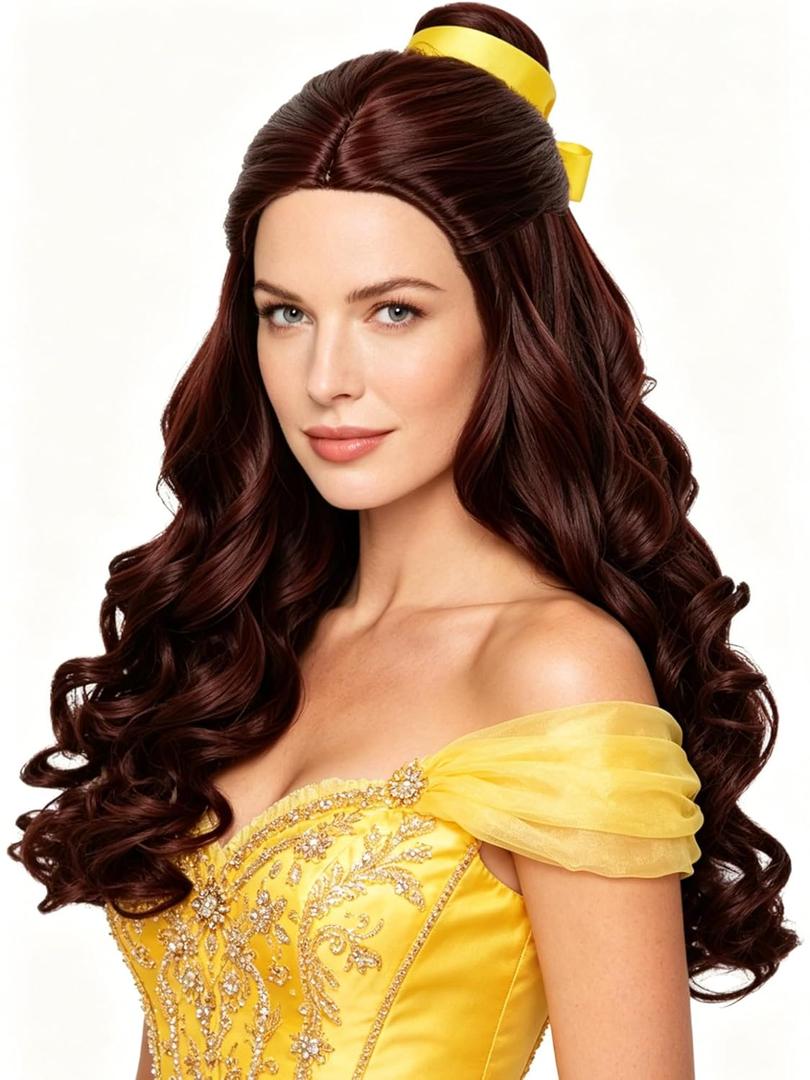 Half and Half Long Brown Curly Princess Wig with Bun + Yellow Ribbon + Wig Cap, 23.6'' Dark Brown Costume Wave Wigs for Women Halloween Party