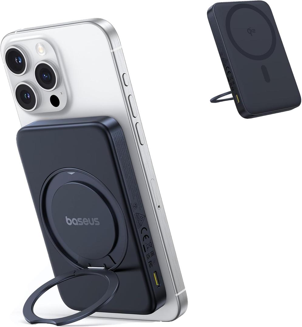 Baseus Qi2 MagSafe Power Bank, Ultra-Slim PicoGo 15W Ultra-Fast Wireless Portable Charger with 360 Rotatable Ring Stand, 5000mAh Magnetic Battery Pack for iPhone 16/15/14/13/12 Series (Black)