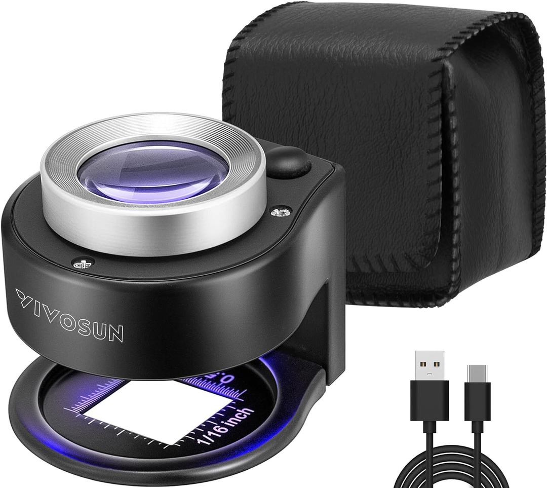 VIVOSUN 30X Rechargeable Loupe Magnifier with White LED Light and UV Light, Portable Magnifying Glass with Optical Glass Lens & Scale for Jewelry, Textile, Gems, Stamps, Coins and Plants (Black)
