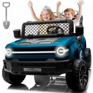 XL 24V 2 Seater Ride on Toys for Big Kids w/ 132lb Weight Capacity, 4WD Ride on Car Truck with 22" Wide Seat, Remote Control, Max Speed 7 MPH, LED Lights, Music, Toy Shovel, Soft Start (Blue)
