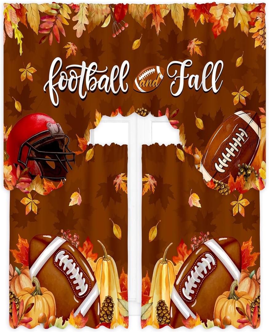 Frienda Autumn Kitchen Curtain Window Valances Set Football Pumpkin Kitchen Fall Curtain Thanksgiving Leaf Tier for Home Room Farmhouse Bedroom, 60 x 36 Valance, 36 x 30 Tier